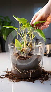 Repotting urgency Home potted plant outgrows container, roots entwined