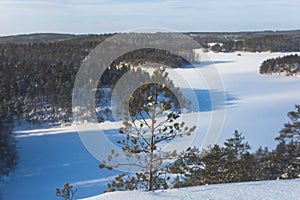 Repovesi National Park, aerial winter view, landscape view of a finnish park, southern Finland, Kouvola and Mantyharju, region of