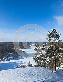 Repovesi National Park, aerial winter view, landscape view of a finnish park, southern Finland, Kouvola and Mantyharju, region of