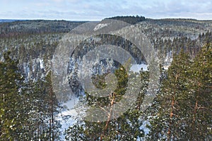 Repovesi National Park, aerial winter view, landscape view of a finnish park, southern Finland, Kouvola and Mantyharju, region of