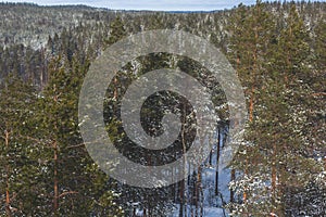 Repovesi National Park, aerial winter view, landscape view of a finnish park, southern Finland, Kouvola and Mantyharju, region of