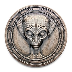 Representation of an ancient Roman coin with an alien face.