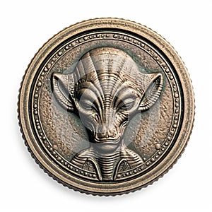 Representation of an ancient Roman coin with an alien face.