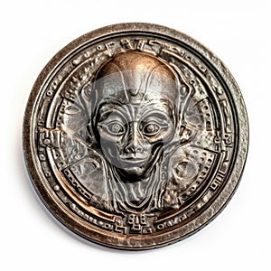 Representation of an ancient Roman coin with an alien face.