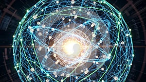 Representation of an atom or molecular structure featuring interconnected