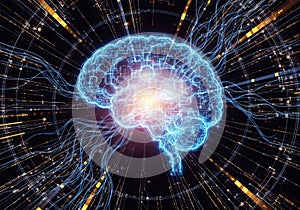 Representation of a brain is depicted, glowing in neon blue with