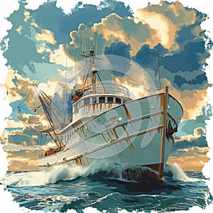 The representation captures Fishing schooner in a stormy sea, AI generated