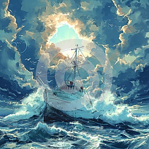 The representation captures Fishing schooner in a stormy sea, AI generated