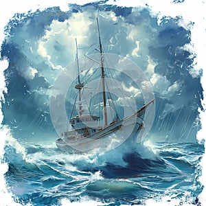 The representation captures Fishing schooner in a stormy sea, AI generated