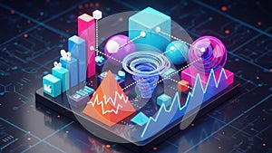 Representation of a data visualization dashboard depicts various 3D
