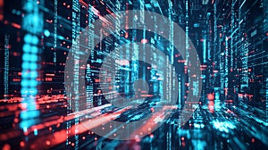 Digital data streams in a virtual environment with red and blue neon lights