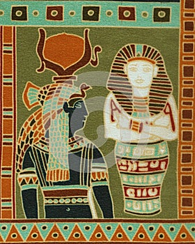 Representation of Egyptian pharaohs on textile for women`s headscarves. photo