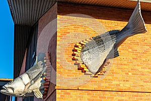 representation of a fish entering and exiting a brick wall.