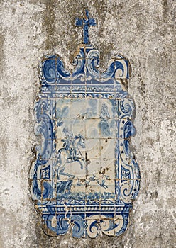 Representation of the Legend of Nazare in blue and white tiles outside the Chapel of Our Lady of Nazare at the O`Sitio, Portugal.