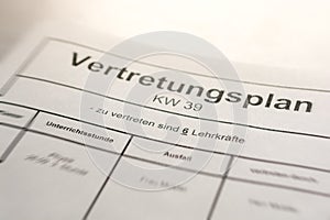 Representation plan in a school with the German words for `representation plan` and `to represent 6 teachers`