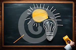 representation of a topic in education. Innovative thinking and creativity. metaphorical light bulb above a blackboard