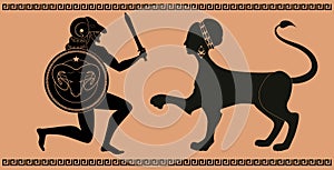 Representative figures of classical Greek ceramics. Greek hero brandishing sword and shield, wearing helmet and sheepskin, facing