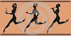 Representative figures of classical Greek ceramics. Three girls running and dancing, playing music and carrying a pot