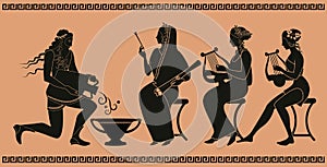 Representative figures of classical Greek ceramics. Three women or muses and a water man pouring water over a vessel
