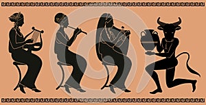 Representative figures of classical Greek ceramics. Three women playing music and minotaur