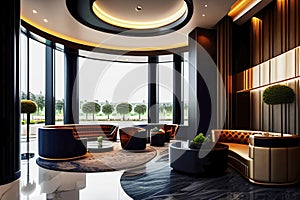 Representative luxurious living area with massive noble furniture, a shiny mirrored stone floor and elevator doors, made with