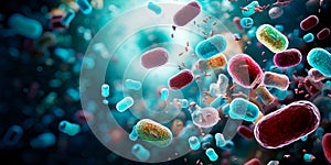 representing the concept of antibiotic resistance, with resistant bacteria surviving antibiotic exposure. Generative AI