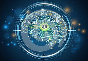 Representing technology, economy, and data analysis. Centralized