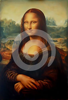 Reproduction of painting Mona Lisa by Leonardo da Vinci and light graphic effect.