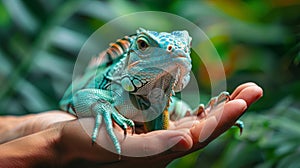 reptile habitat maintenance, an experienced reptile keeper feeding an inquisitive iguana in a properly maintained photo