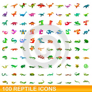 100 reptile icons set, cartoon style