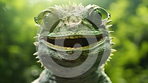 reptile lizard green iguana animal wildlife scale close-up portrait glasses. Generative AI.