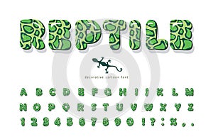 Reptile skin cartoon font. Animal green spotted print alphabet. Botany school science design. Decorative letters and numbers for