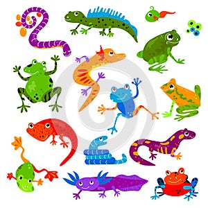 Reptile vector animal reptilian amphibian froggy character lizard turtle iguana and chameleon pet illustration set of