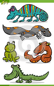 Reptiles and amphibians cartoon set