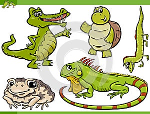 Reptiles and amphibians cartoon set