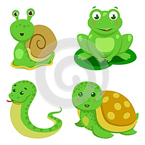 Reptiles And Amphibians Decorative Set in cartoon style isolated vector illustration