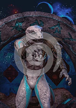 A reptilian and a space portal.