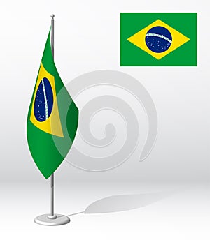 Republic of Brazil flag on flagpole for registration of solemn event, meeting foreign guests. National independence day of Brazil