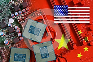 Republic of China and USA flag on a red painted PC motherboard with some processors on it. Concept for