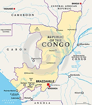 Republic of the Congo, also known as the Congo, political map