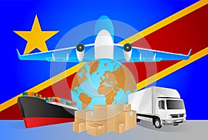 Republic of the Congo logistics concept illustration. National flag of Republic of the Congo from the back of globe, airplane,