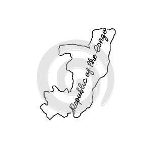 Republic of the Congo outline map with the handwritten country name. Continuous line drawing of patriotic home sign