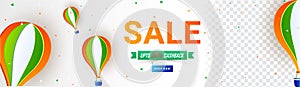 Republic Day Sale header design with 30% cashback offer, paper origami of hot air balloons indian flag color on shiny background