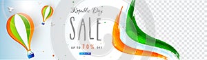 Republic Day Sale header design with 70% discount offer, paper origami of hot air balloons indian flag color on shiny background