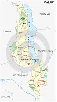 Republic of malawi road and national park vector map