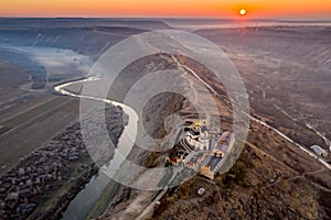 Republic of Moldova Old Orhei Monastery and Butuceni Village aerial view at sunrise