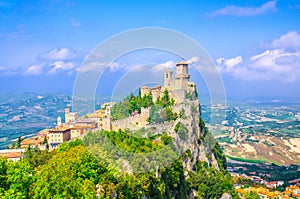 Republic San Marino Prima Torre Guaita first fortress tower with brick walls on Mount Titano stone rock photo