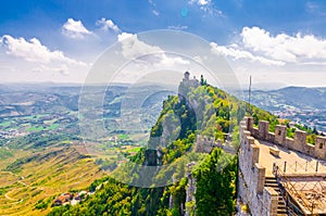 Republic San Marino Seconda Torre La Cesta second fortress tower with brick walls on Mount Titano stone rock photo