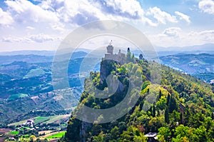 Republic San Marino Seconda Torre La Cesta second fortress tower with brick walls on Mount Titano stone rock photo