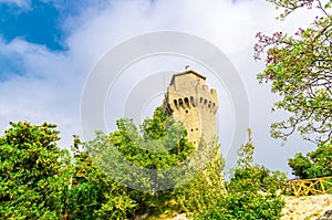 Republic San Marino Terza Torre Montale third fortress tower with brick walls on Monte Titano stone